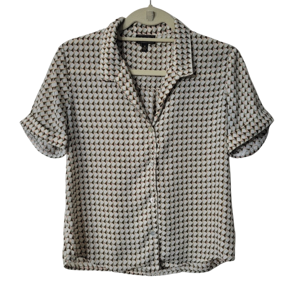 OLM Vintage Cream and Brown Button Down Shirt with Classic Collar